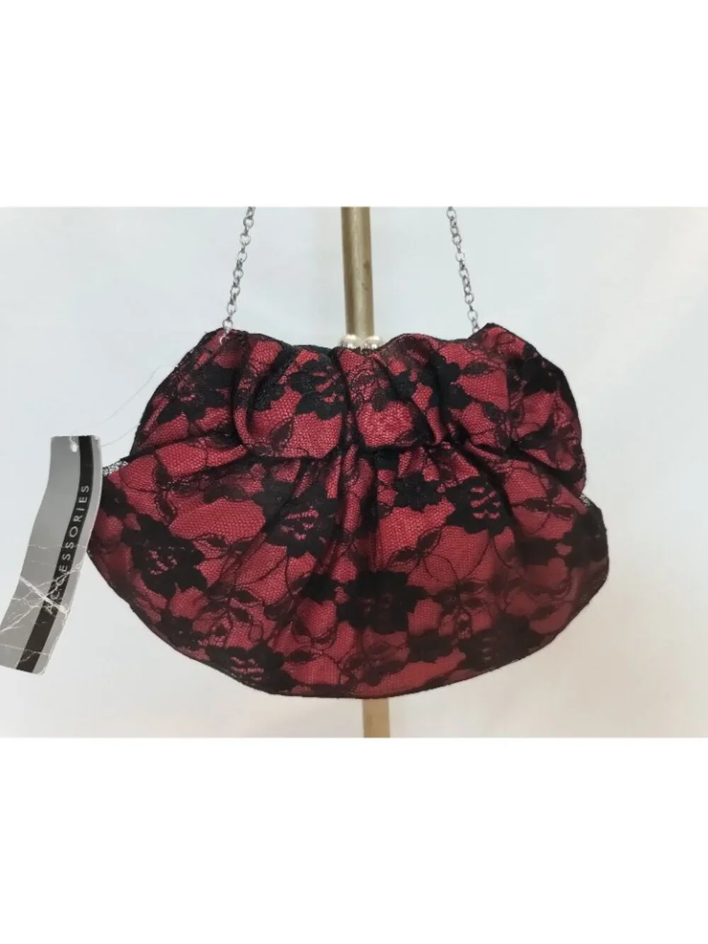 Accessories Red And Black Satin Lace Evening Clutch Bag With Silver Chain